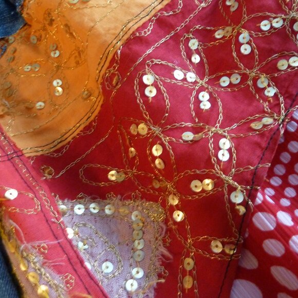 Beautiful handmade skirt, with denim, silk & cotton fabrics, sequins, embroidery - Picture 12 of 13